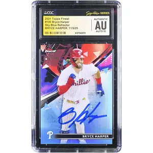Bryce Harper Philadelphia Phillies Autographed 2021 Topps Finest Sky Blue Refractor #100 #/300 CGC Fanatics Witnessed Authenticated Auto 10 Card - Fanatics Authentic Certified