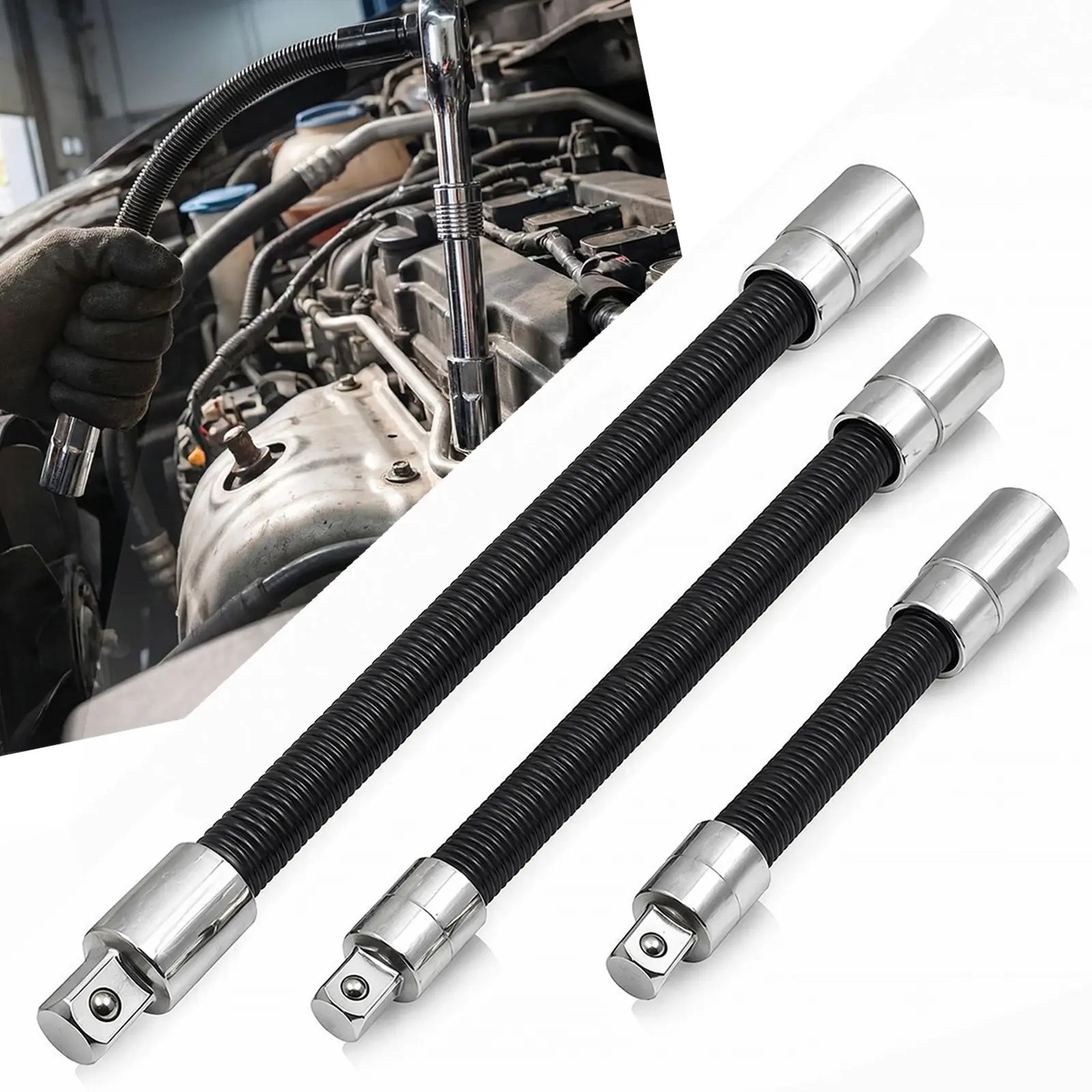 3-Piece Flexible Socket Extension Bar Set 1/2" 1/4" 3/8" Shaft Drive 10" 8" 6"