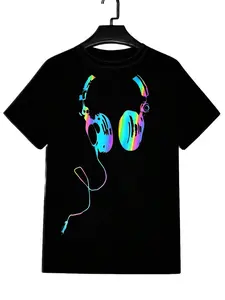 Explosive holographic headphone printed T-shirt! Trendy music enthusiast top | Soft and breathable, easy to wear even on the streets and at home | DJ&music fan's first choice for gift giving | Y2K style casual short sleeved shirt