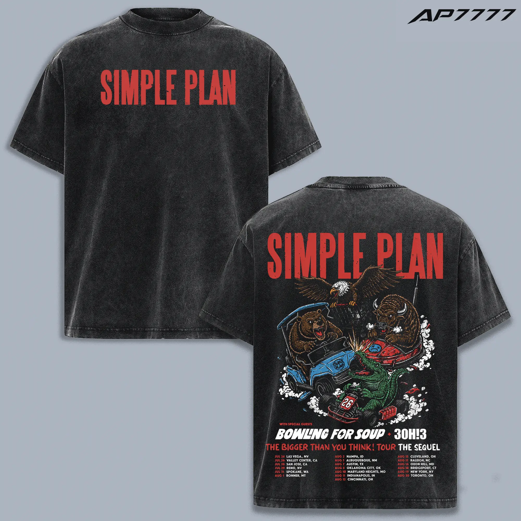 Simple Plan 2026 Tour T-Shirt - The Bigger Than You Think! Tour The Sequel with Bowling For Soup and 3OH!3, Unisex Retro Vintage Oversized Concert Merch, Soft Cotton Black Crewneck Music Fan Apparel Gift