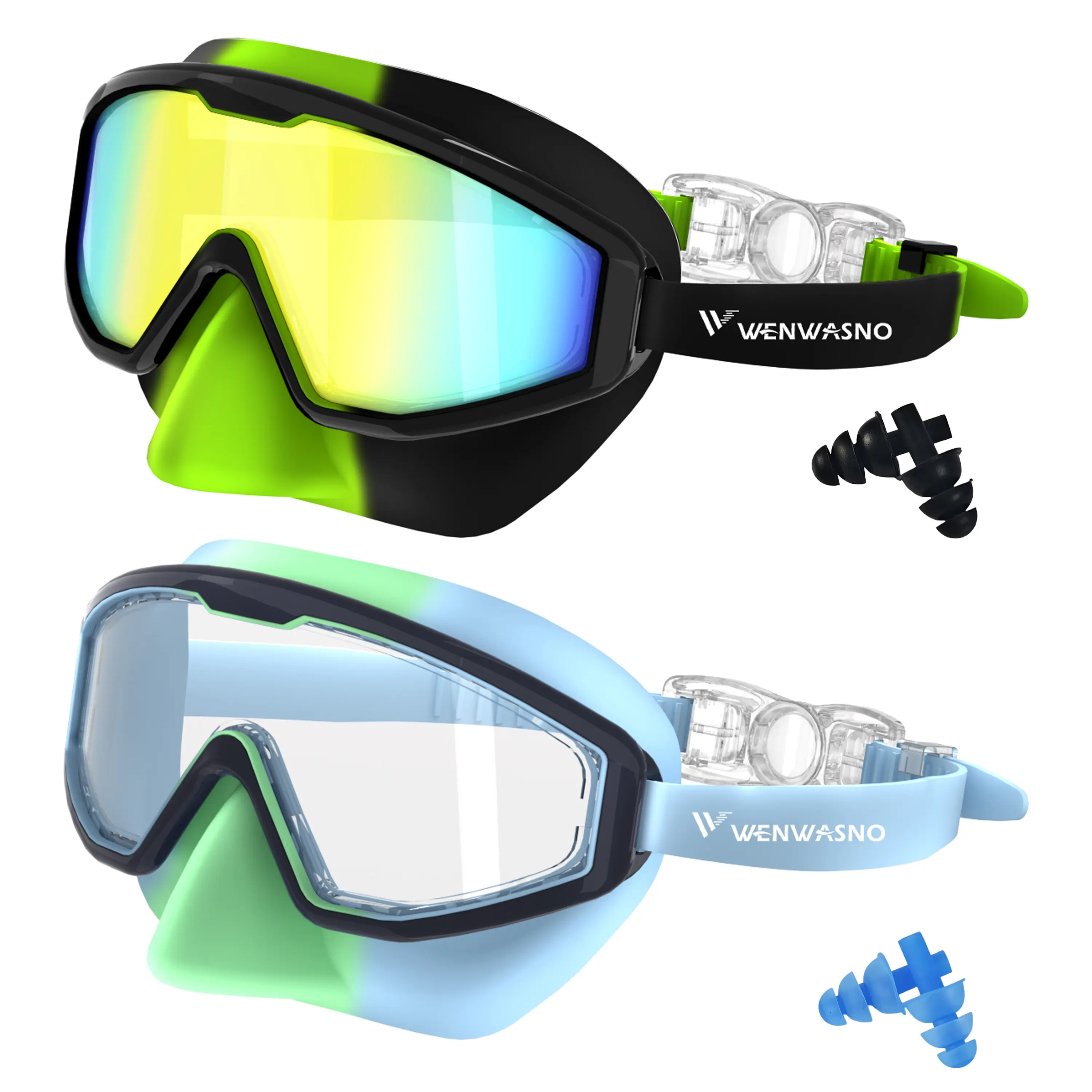 Wenwasno Kids Swim Goggles (2pc with Nose Cover) - Wide View Diving Mask, Anti-Fog, UV Protection, Leak Proof, Adjustable Swimming Goggles for Youth 3-14, Leak Proof Goggles, Adjustable Swim Goggles Swimming Goggles