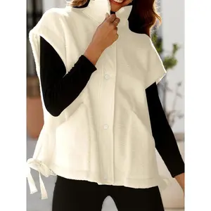 Women’s fuzzy wool vest, oversized sleeveless Sherpa jacket with pockets, warm button-down vest jacket