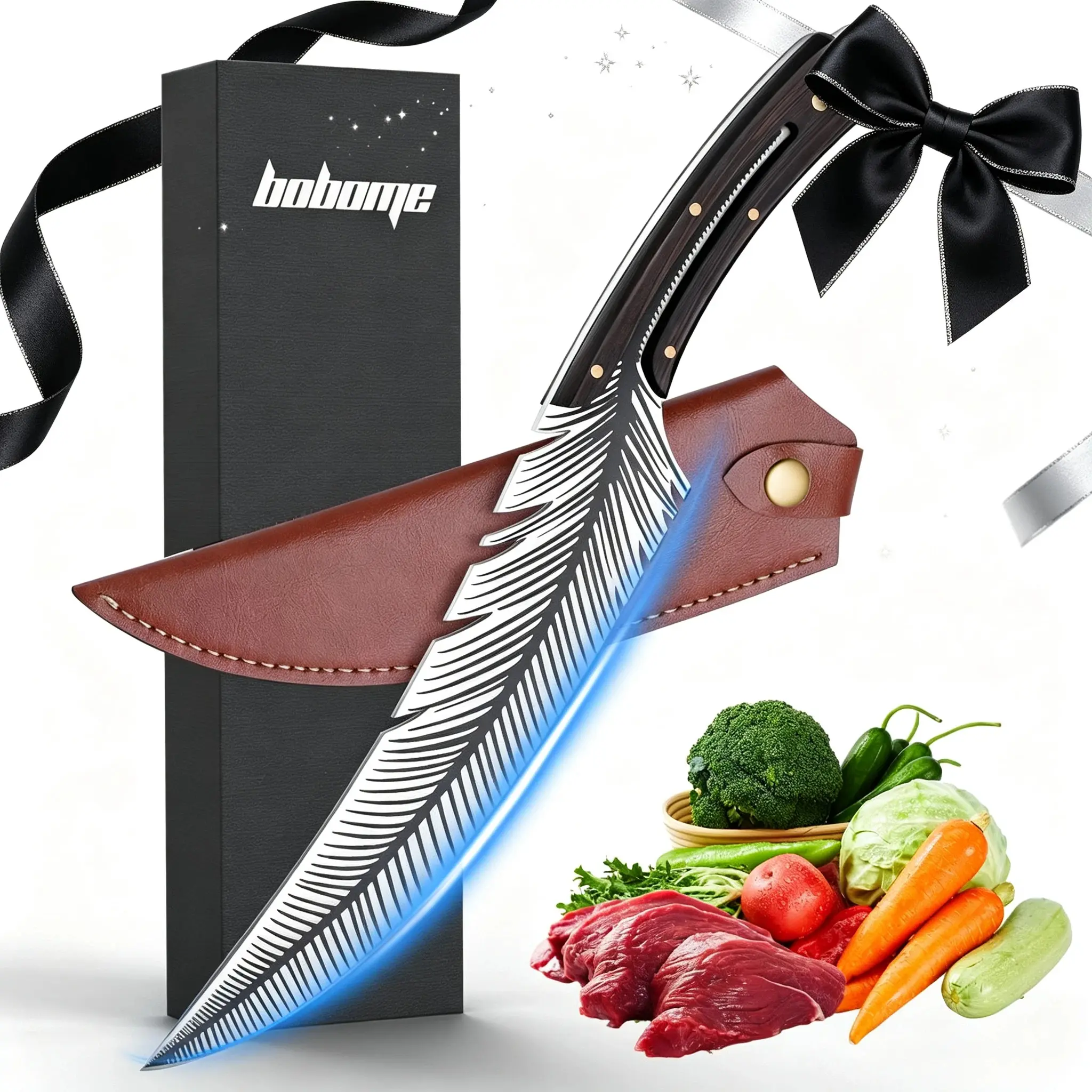 BOBOME Feather Knife Hand Forged Viking Knife,Professional Sharp Chef Knives,High Carbon Steel Butcher Knife Boning knife with Sheath for Kitchen Outdoor Camping Gift for Men Father campingessentials