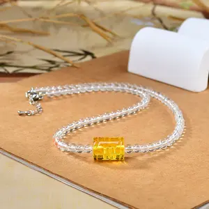 Natural Clear Quartz & Amber Beaded Necklace, Wealth & Abundance Healing Crystal Choker, Handmade Statement Jewelry for Women