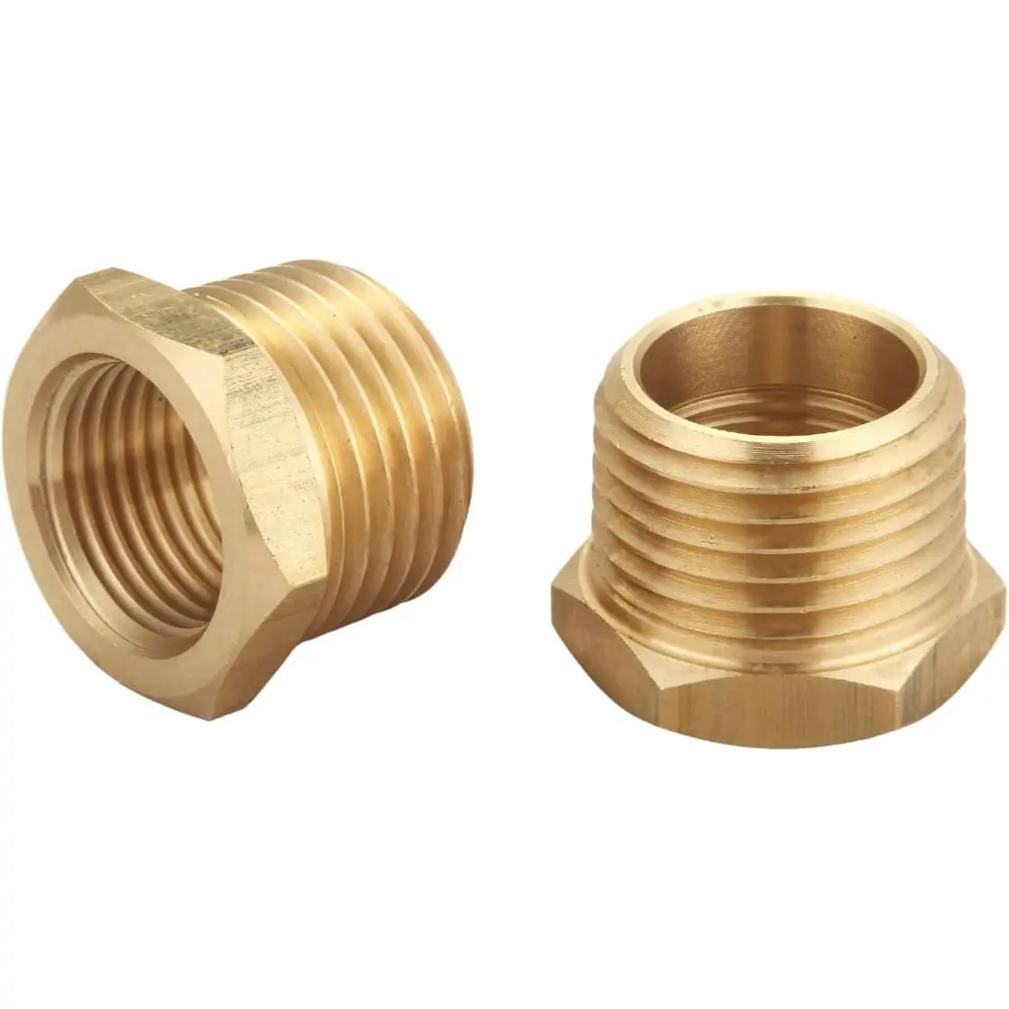 Hexagonal Brass Reducer Bushing - 2 Piece, 3/4 in NPT Male x 1/2 in NPT Female Threads, Corrosion-Resistant, High-Temperature Ductility, for Connecting 2 Pipes