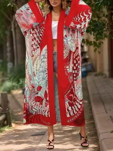 Boho Floral Ethnic Print Loose-Fitting Cardigan, Casual Spring & Fall Outerwear, Women's Fashion Vacation Style Jacket