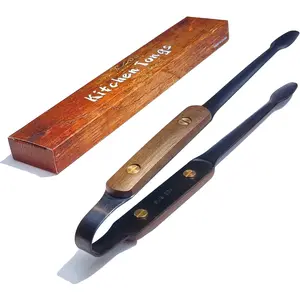 Premium Cooking Tongs - 304 Stainless Steel & Walnut Wood, Comfortable Grip, Non-Slip Design, High Heat Resistant - Ideal for Home, Kitchen, Barbecue & Frying Steak, 9-Inch, Black