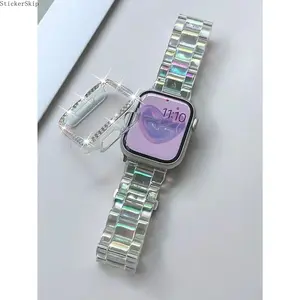 2Pcs Set IWatch Band & Case, Transparent Rainbow Resin Strap, Double Row Diamond Openwork Electroplated Cover, Anti-Fall Half Wrap Hard Shell Compatible with Apple Watch 38mm 40mm 41mm 42mm 44mm 45mm 49mm, Aesthetic Jewelry Accessory for Women Daily