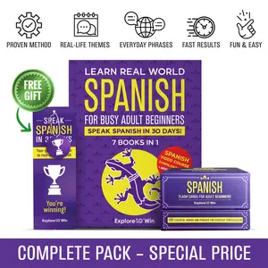 Learn Real-World Spanish for Adult Beginners: 7 Books in 1 + 100 Flashcards + Bookmark: Speak Spanish In 30 Days!