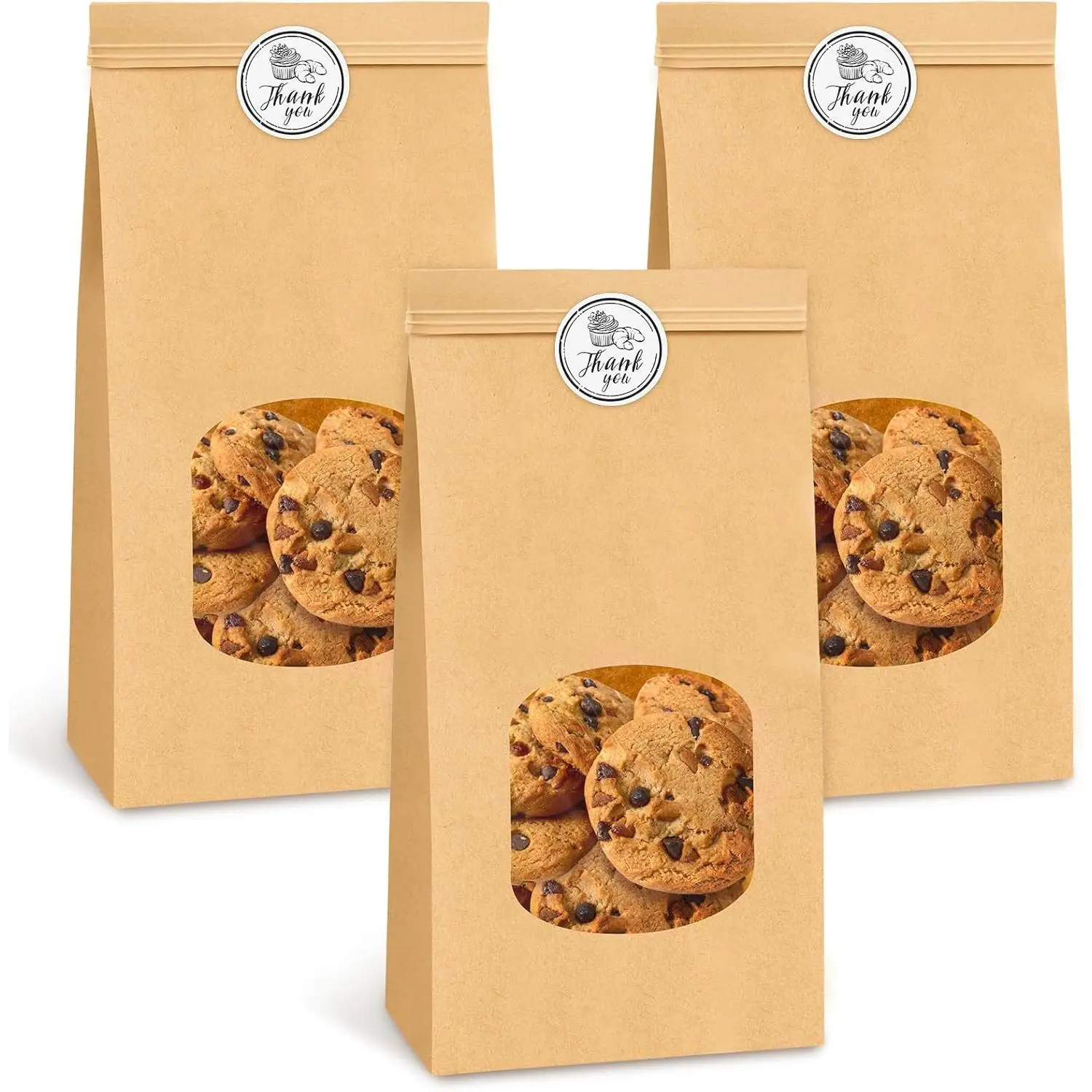 100 count Medium Bakery Cookie Bags with Window, 4.5x2.36x9.6 Inch Tin Tie Tab Lock  Paper Bags with Thank You Stickers for Cookie, Coffee, Bread