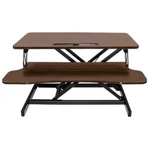 32 Inch Height Adjustable Sit to Stand Desk Converter Dual Monitor Laptop Workstation Wide Keyboard Tray Ergonomic Riser Walnut Black MDF Metal