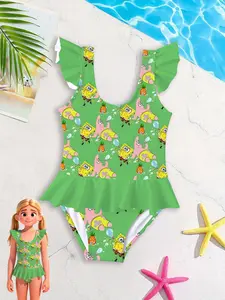 Girls' one-piece swimsuit "SpongeBob Pineapple House Playful Style" - green background with full cartoon prints + ruffled design, sweet, cool and cute, creating a perfect summer atmosphere for pool or beach outfits