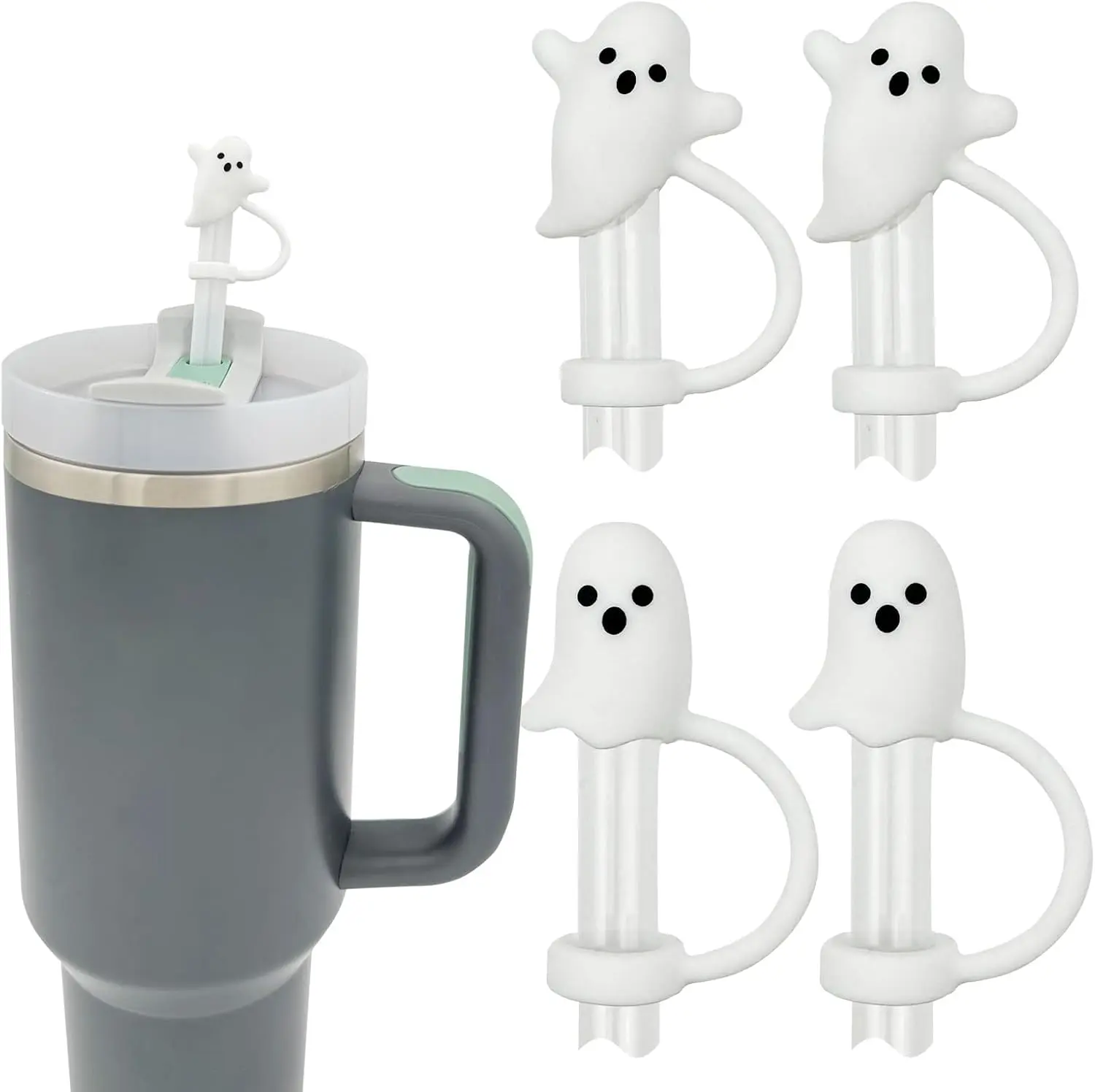 Ghost Straw Cover Cap for Stanley Cup 30 40 oz, Halloween Decor Gift | Boo Basket Stuffers, Ghost Decorations, Cute Straw Toppers, Cup Accessories, Leakproof , Dustproof, Silicone, Reusable, 4 PCS