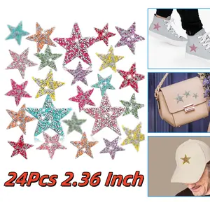 A set of 24 Glitter Star Iron on Patches Clothing Embroidered Colorful Shiny Star Sew on Patches Applique Repair Patch ﻿DIY Crafts for Clothing Jacket Jeans Pants Dress Backpack Hat Decorations - Home Improvement.