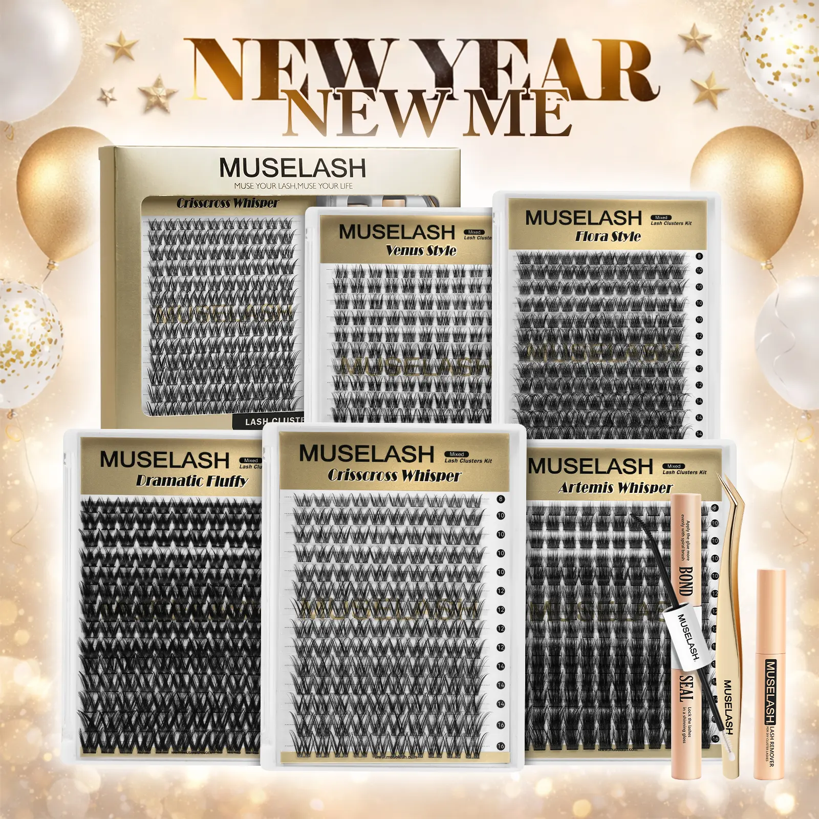 MUSELASH PRO Lash Extension Kit with Dramatic Volume Clusters, Beginner-Friendly DIY Eyelash Extensions, Long-Lasting & Waterproof, 8-16mm Individual Lashes with Bond & Seal, Remover and Tweezers