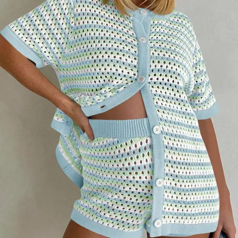 FISOEW Women's 2-Piece Striped Crochet Knit Beachwear Set - Oversize Button-Down Top, Matching Shorts, Crew Neck Beach Cover Ups, Cold Wash, Clubs & Water Activities Use