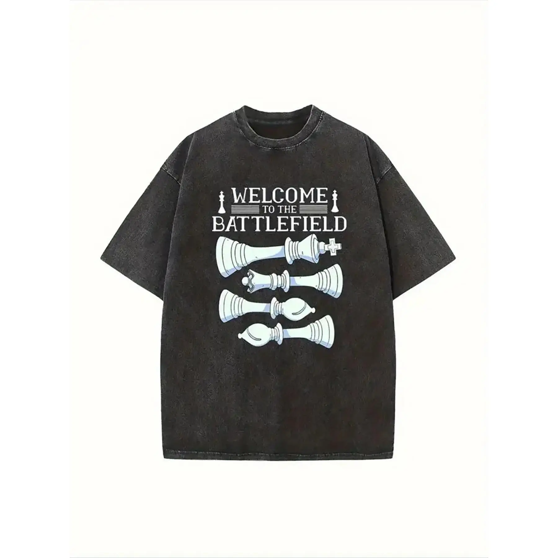 Men'S Vintage Washed Chess Graphic T-Shirt - Oversized Loose Fit Soft Breathable Tee with "Welcome to the Battlefield" Chess Print, Casual Crew Neck Short Sleeve Shirt for Chess Players, Streetwear & Casual Attire - Ideal Gift for Chess Enthusiasts