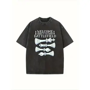 Men'S Vintage Washed Chess Graphic T-Shirt - Oversized Loose Fit Soft Breathable Tee with "Welcome to the Battlefield" Chess Print, Casual Crew Neck Short Sleeve Shirt for Chess Players, Streetwear & Casual Attire - Ideal Gift for Chess Enthusiasts