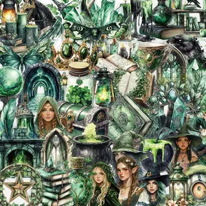 50 Transparent Forest Witch Theme Sticker Pack, Waterproof Pet Material, Decorative Guitar Notebook Stickers, Handmade Quality Journal Supplies