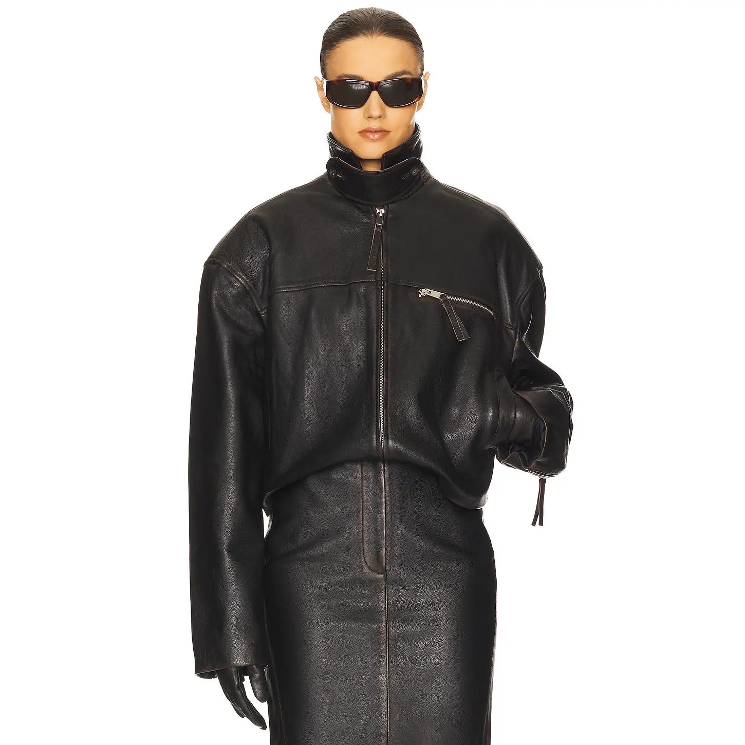 Helsa The Leather Oversized Moto Jacket in Black Distressed