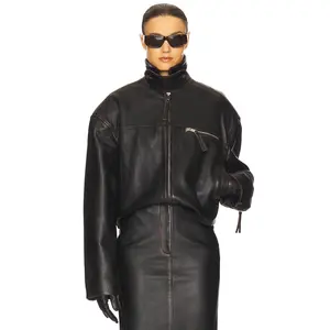 Helsa The Leather Oversized Moto Jacket in Black Distressed