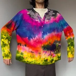 Women’s 3X black rainbow cardigan pink button up sweater beaded embroidered shawl