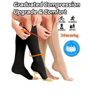 Women & Men 2-Pack Open-Toe Zipper Copper Breathable Compression Socks, 15-20mm Hg Knee-High Design, Sporty/cute Style for All Seasons