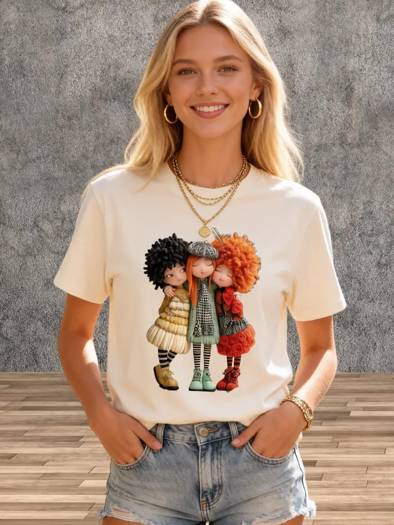 Women's Plus Size Cute Oversized Shortsleeve Cotton T-Shirt - Soft, Breathable Round Neck Top with 3 BFF Doll Graphic Vintage Squad Print, Curvy Fit for Casual Summer Outfits | Plus Size Fashion, Cute Style, Affordable Fashion Finds, 90s Vibes Matching Lo