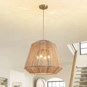 19.7" Hand-Woven Rattan Pendant Light, Dimmable Chunky "Puffy" Hanging Lamp with Natural Jute Cord, Adjustable Bohemian Ceiling Light Fixture for Kitchen Island, Dining Room, Bedroom, Hotel,Hallway & Entryway