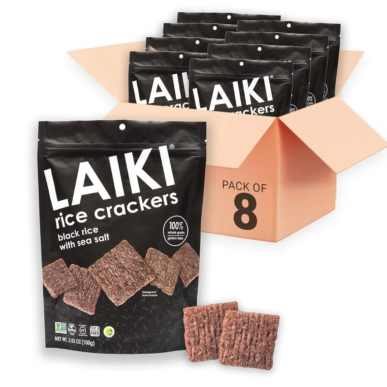 Gluten Free Rice Crackers - Seed-Oil Free - Snacks - Low Sodium Crackers Crunch - Allergen-Friendly , Vegan, Non-GMO Verified, FODMAP Friendly, Black Rice Simply Sea Salt flavor - 3.53 Oz Bag (Pack of 8)