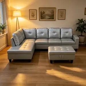 Semi-PU Synthetic Leather 3-Piece Silver Metallic Sofa Set for Living Room, Waterproof Smooth Surface, Scratch-Resistant Easy-to-Clean, Solid Sturdy Frame, Modern Luxury Indoor Home Furniture Sofas, Sofas Living Room