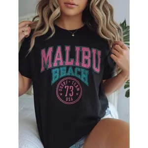 Women's Malibu Beach Surf Team Graphic T-Shirt - 100% Cotton Loose Fit Short Sleeve, Pink & Teal Letter Print on Black, Round Neck Casual Top for All Seasons, Machine Washable, Allseason Apparel | Medium Elasticity Fabric