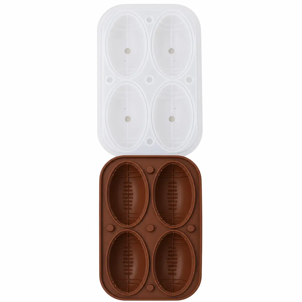 Football Ice Cube Mold, 4-Cavity Silicone Football Chocolate Mold with Lid, Super Bowl Party Supplies