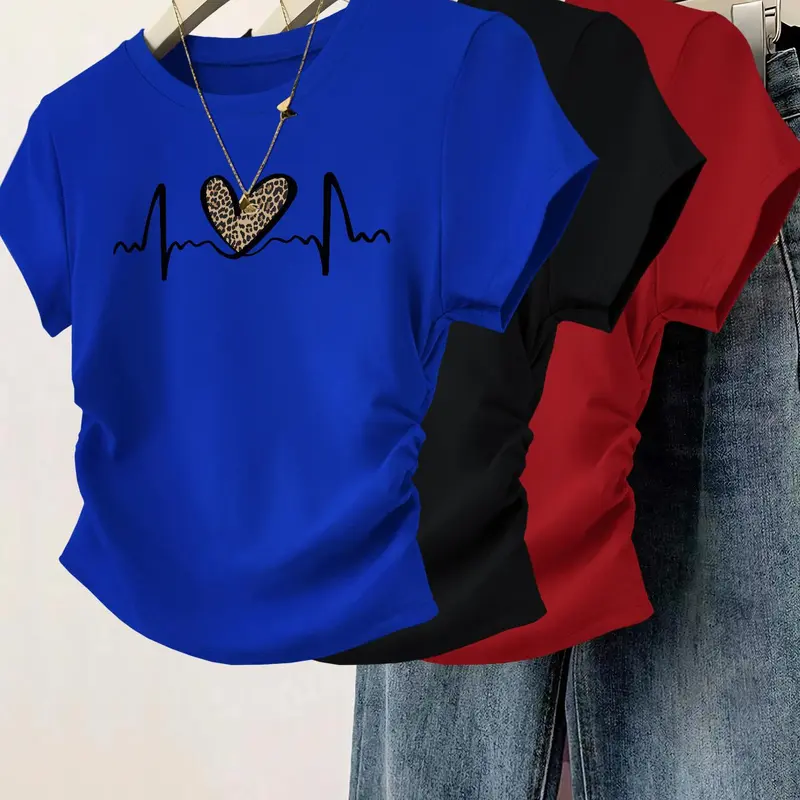 Women's Heart & EKG Print Round Neckline Tee, Casual Aesthetic Short Sleeve T-shirt for Daily Wear, Casual Streetwear Top, Ladies Clothes for All Seasons, Womenswear, Top