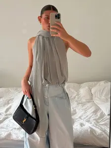 Women's Chiffon Flower Bud Round Neck Sleeveless Top, Elegant Solid Color Design, Casual Fashion Choice, Stylish Women's Blouse