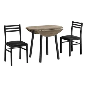 【GOOGREAT】Dining Table Set, 3pcs Set, Small, 35" Drop Leaf, Kitchen, Black Metal, Brown Laminate, Contemporary, Modern