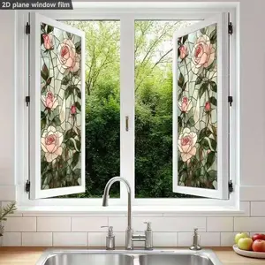 1pc Elegant Rose Painted Glass Window Film, 2D Flat Type, Removable Static Adhesive, PVC Cover Layer, No Glue Needed, Decorative for Bathroom Kitchen Office