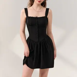 Women Sleeveless A-Line Dress Summer Lace Patchwork Bandage Button Party Dress for Beach Cocktail Club Streetwear