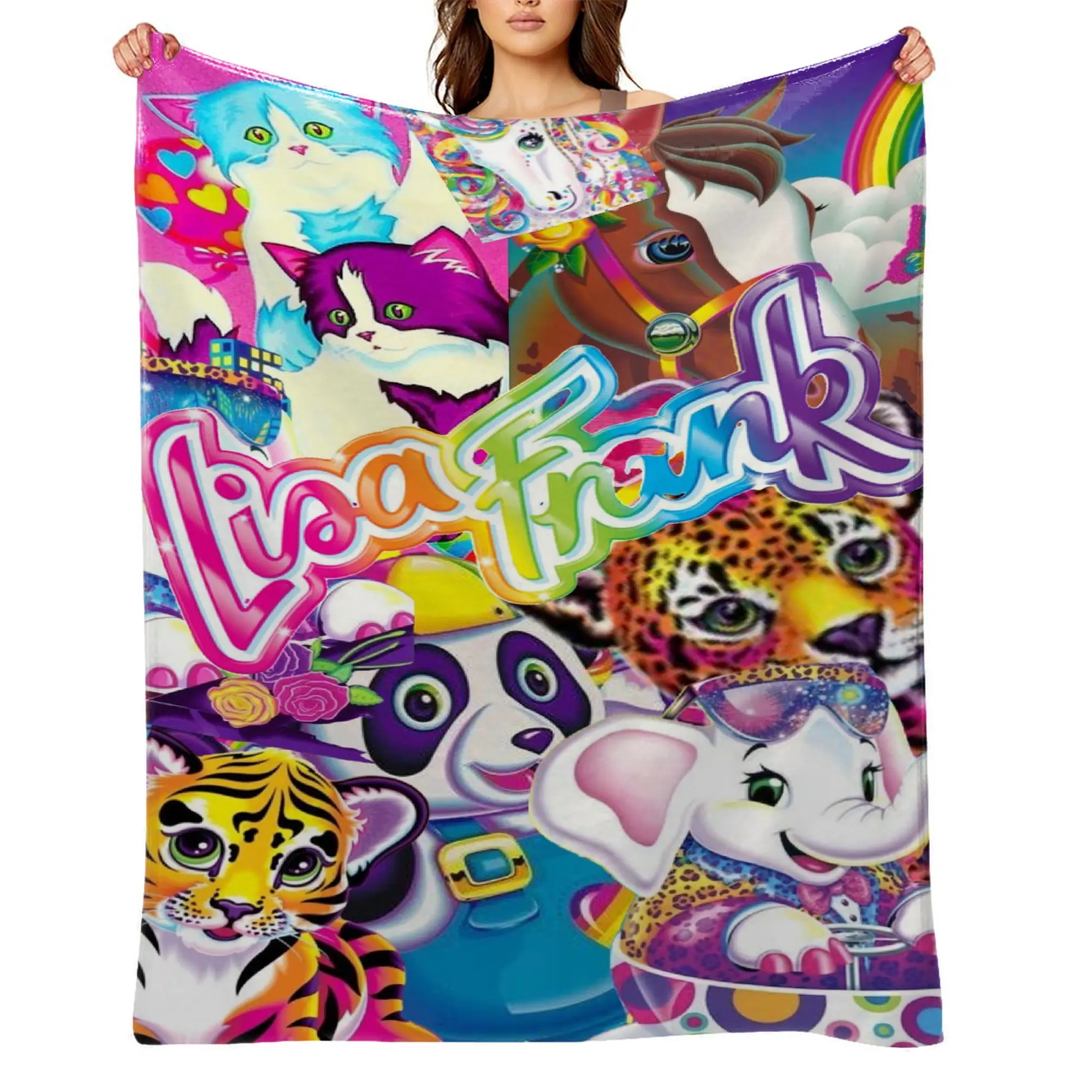 Lisa Frank Anime Print Flannel Throw Blanket - Colorful Plush, Ultra Soft, Smooth Texture, Vibrant Look, Wrinkle Resistant, Anti-Shrink, Quick-Dry, Machine Washable - Perfect Gift for Kids, Adults (A-61)