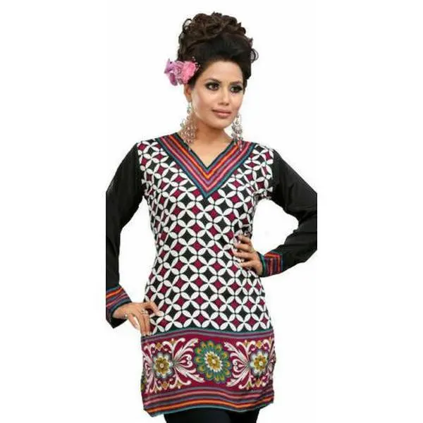 Women’s Printed Long Sleeves Crepe Kurti Tunic tops - 1905-L