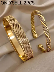 2 Pcs Stainless Steel Braided Bracelets, Vintage Elegant Twist Design, Cuff Bangle Set, Elegant Minimalist Bangle, Versatile Jewelry for Daily Wear, Wedding, Party, Gift