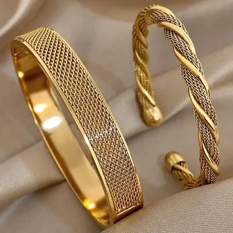2 Pcs Stainless Steel Braided Bracelets, Vintage Elegant Twist Design, Cuff Bangles Bracelets, Cuff Bangle Set, Cuff Bracelet Stack, Elegant Minimalist Bangle, Versatile Jewelry for Daily Wear, Bridal Bracelet, Wedding, Party, Gift