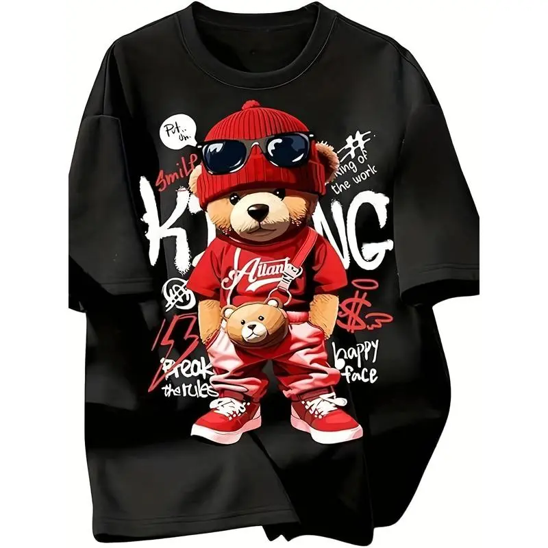 Men's Cute Bear Cartoon Graphic Cotton Tee - Classic Round Neck, Short-Sleeve Knit Pullover, Regular Fit, Soft Lightweight Casual Street Top, Versatile Daily Outfit for Summer Outdoor Activities, Holiday Trips humor day fashion outfit camo