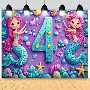 1pc Polyester Mermaid Birthday Banner - Vibrant Nautical Under-the-Sea Party Decoration with Number "4", Sea Life, Indoor Use, Modern White Ornament for Anniversary Celebrations, All Seasons, Outdoor-Compatible, No Power Required