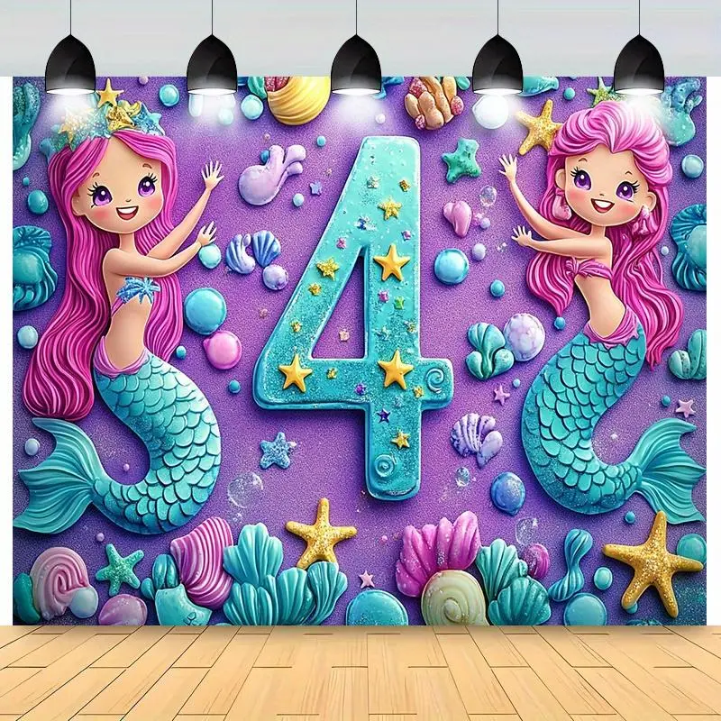 1pc Polyester Mermaid Birthday Banner - Vibrant Nautical Undersea Print Decoration with Number "4", Sea Life, Stain-Resistant, Modern White Ornament, No Power Required, Suitable for Indoor/Outdoor Use, All Seasons (Textiles & Soft Furnishings), One-Piece
