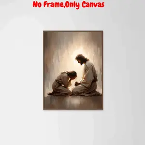 Jesus & Girl Unframed Painting, Modern Christian Art, Christ Cross Print, Wall Art for Home Living Room Bedroom Office Decor, Poster