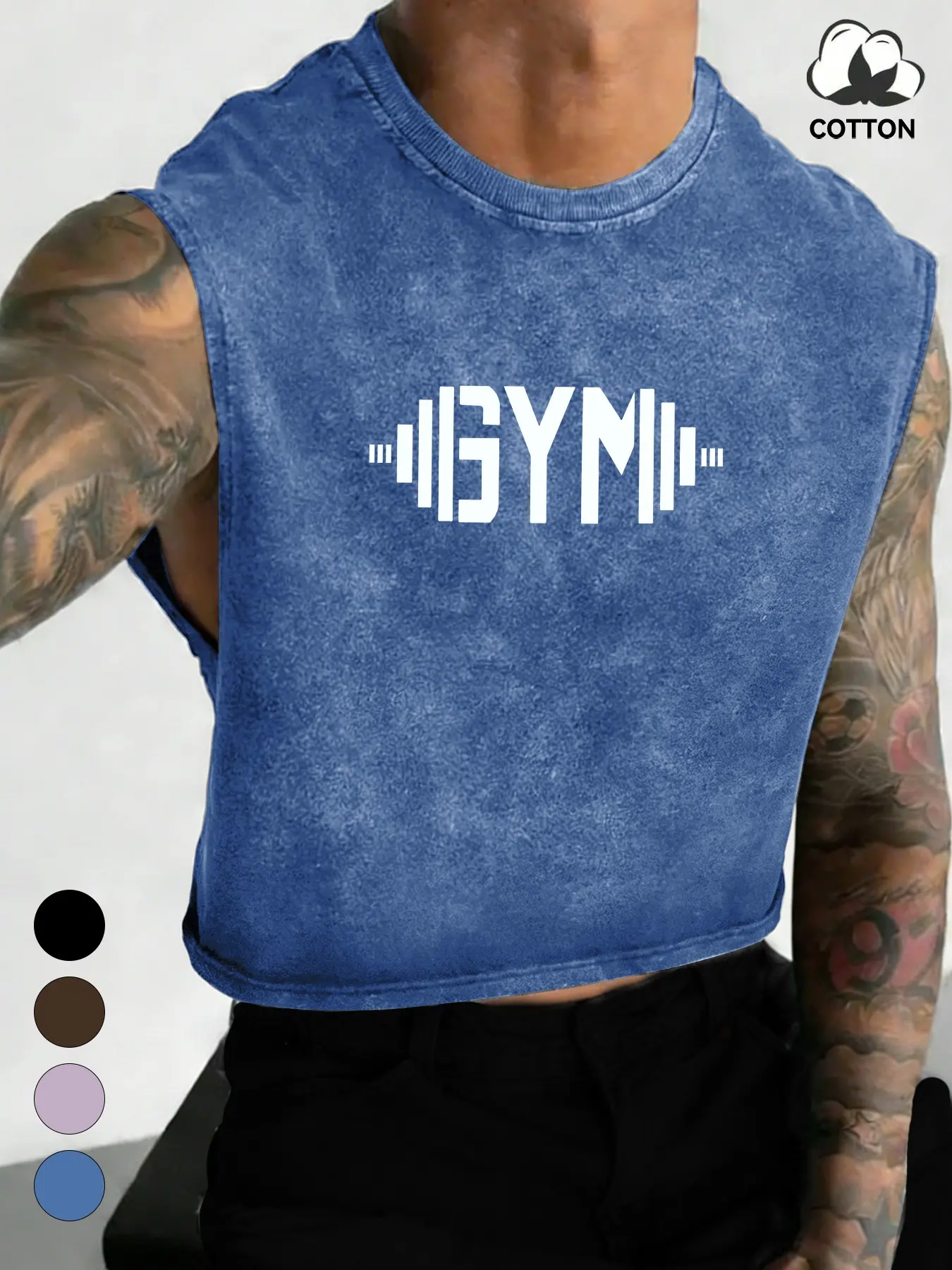 Men's Gym Barbell Print Washed Short Sleeve Vest, High-Quality Cotton Breathable Fabric, Loose-Fit Fitness Sport Top for Training and Streetwear, Fitness Workout Vest, Workout Clothing, Fitness Clothes