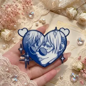 Blue Manga Style Phone Grip, Heart Shape Acrylic Grip with Illustrated Face Art, Cute Phone Holder Stand for Smartphones