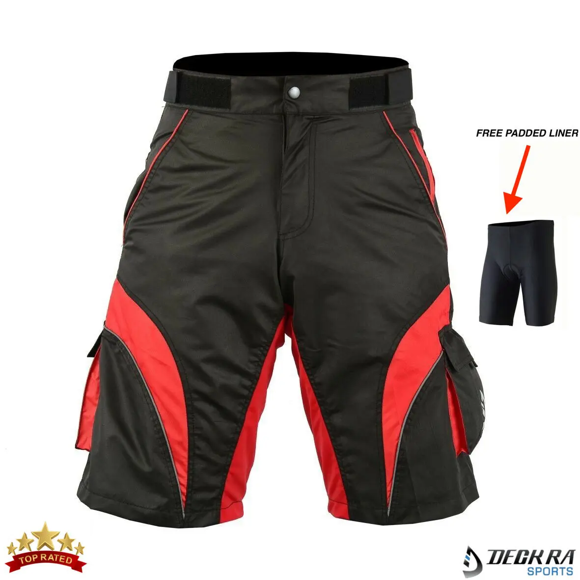 Deckra Men's Loose-Fitting Taslan MTB Shorts - Elastic Waist, Baggy Cut, 6 Pockets, Free Detachable Padded Liner, Polyester, Off-Road Riding, Logos, 100% Money Back Guarantee, Regular US Size, 2 Reflective Details