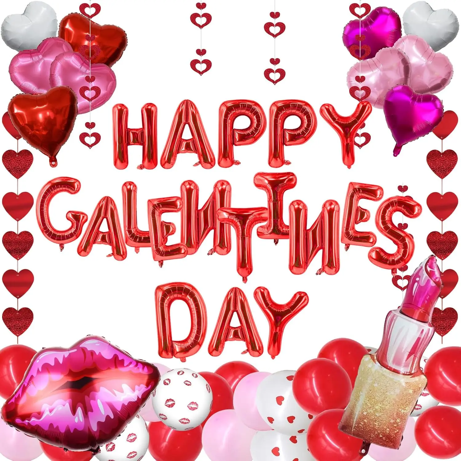172Pcs Galentines Day Decorations, 16'' Happy Galentines Balloons Banner Red Pink Foil Heart Balloons Hanging Heart Garlands for Ladies Bachelorette Galentine's Valentines Day Party Decor